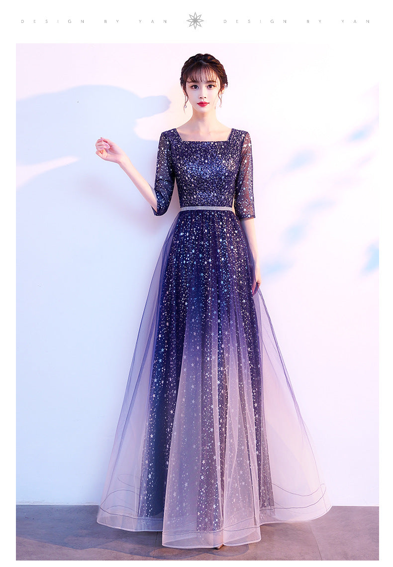 Starry Evening Dress Female Banquet Temperament Daily Style Square Collar Host Chorus Costume Summer Student