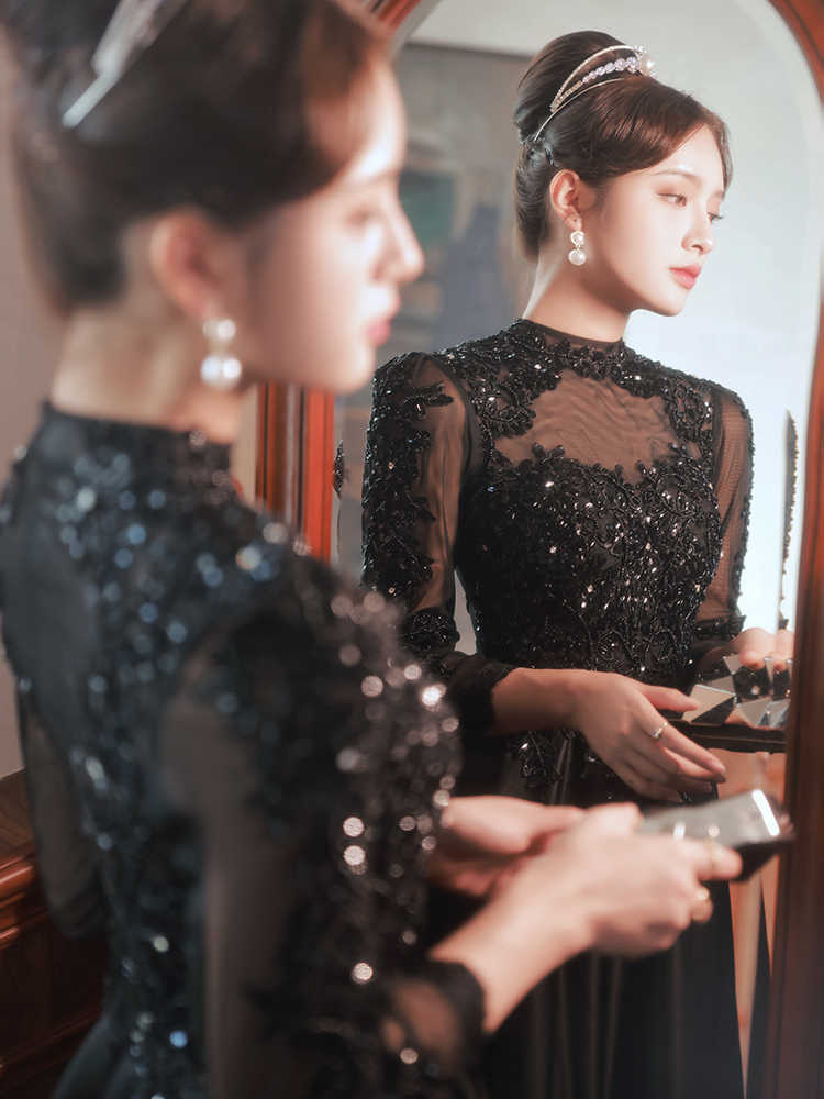 Dinner Dress Party Gown Ball Dresses Gala Black Evening Dress Light Luxury Minority Long Sleeve H9923