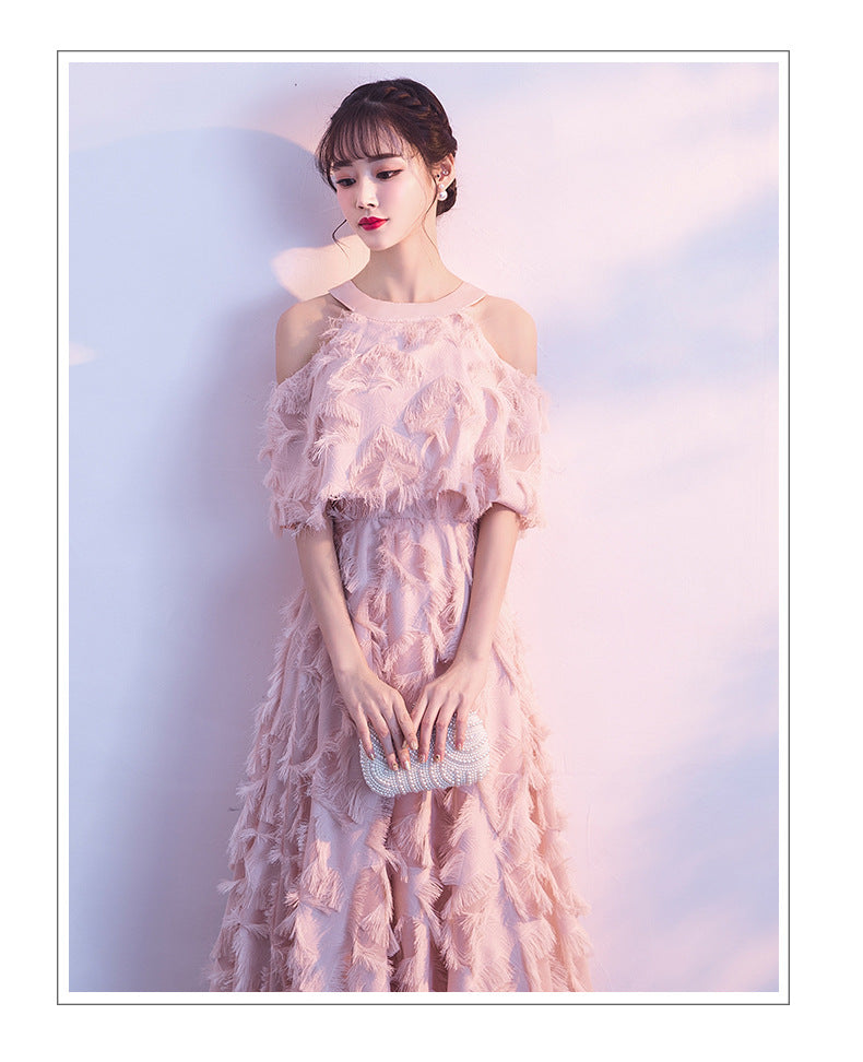 Halter Banquet Evening Dress Dress Women's 2024 Autumn New Elegant Long Slimming Solo Art Exam Pink Bridesmaid