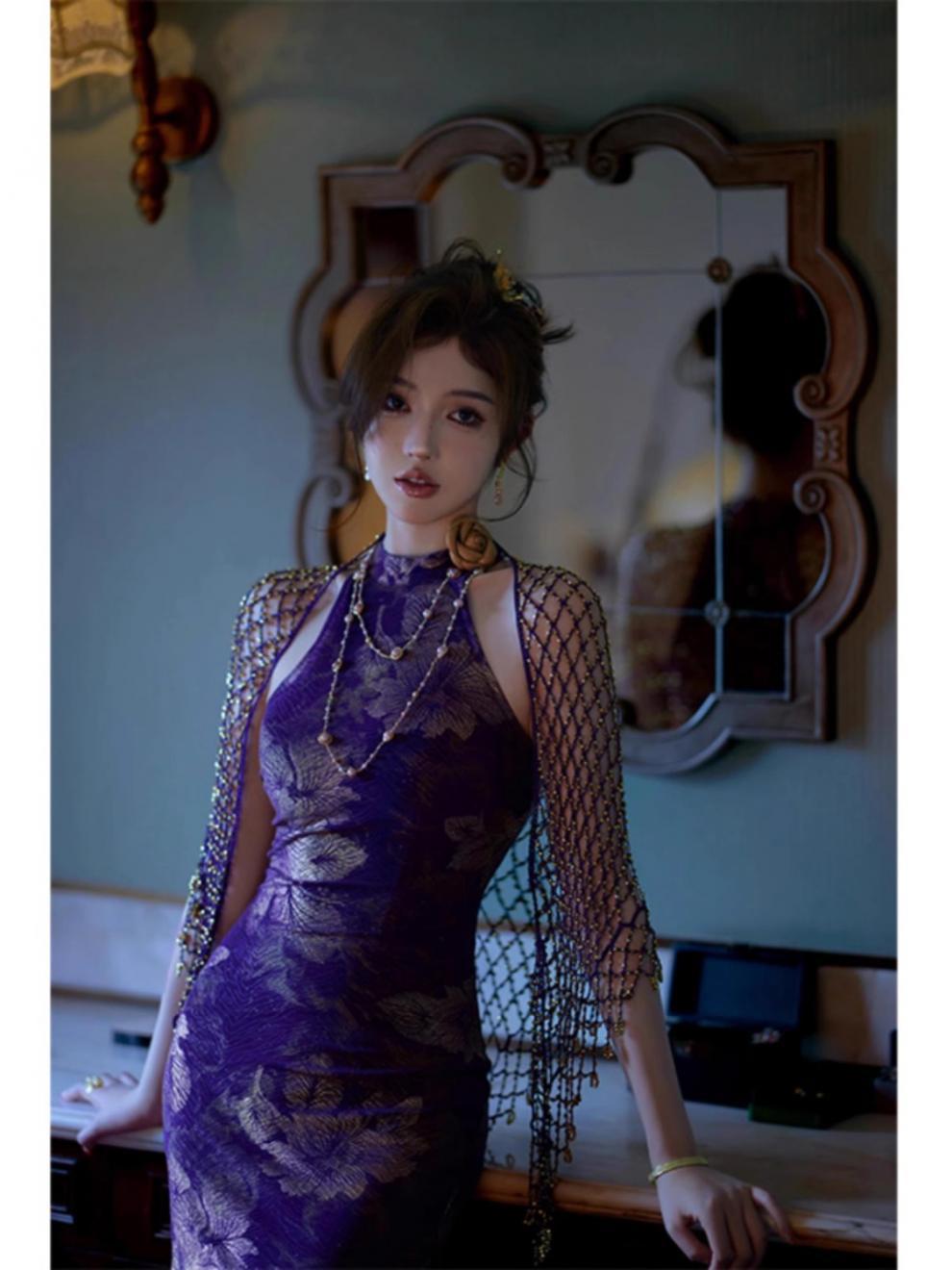 New Chinese Style Improved Cheongsam for Women 2024 New Young High-End Temperament Jacquard Purple Sexy Sheath Dress