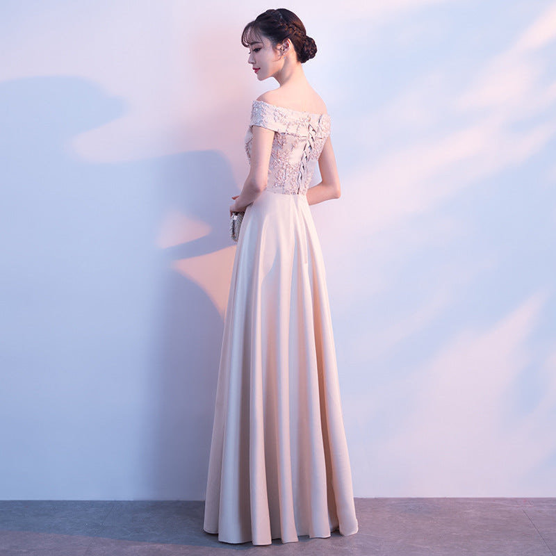 Banquet Evening Dress 2024 Autumn New Korean Style Elegant off-Shoulder Long Slimming Bridesmaid Dress for Women