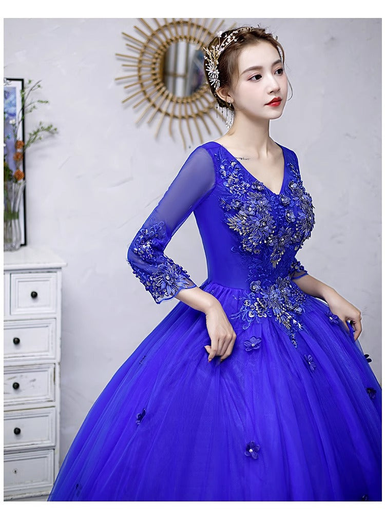 Colored Mesh Annual Meeting Host Performance Student Vocal Solo Art Exam Clothing Pettiskirt Long Evening Dress Female Autumn and Winter