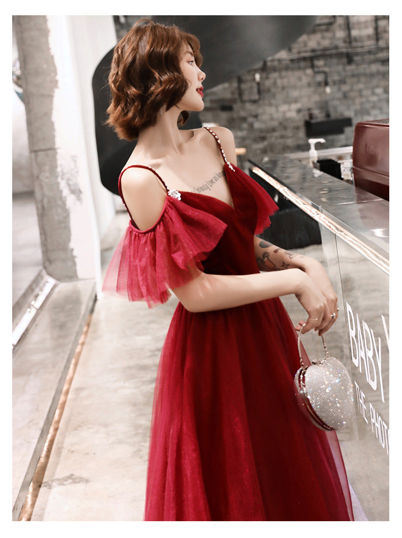 Toast Dress Bride Wine Red Dress Slimming Temperament 2022 New Banquet Strap Handmade Marriage Engagement Dress