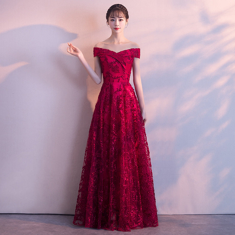 2024 New Summer Red Lace Off-Shoulder Long Slimming Wedding Evening Dress for Bride