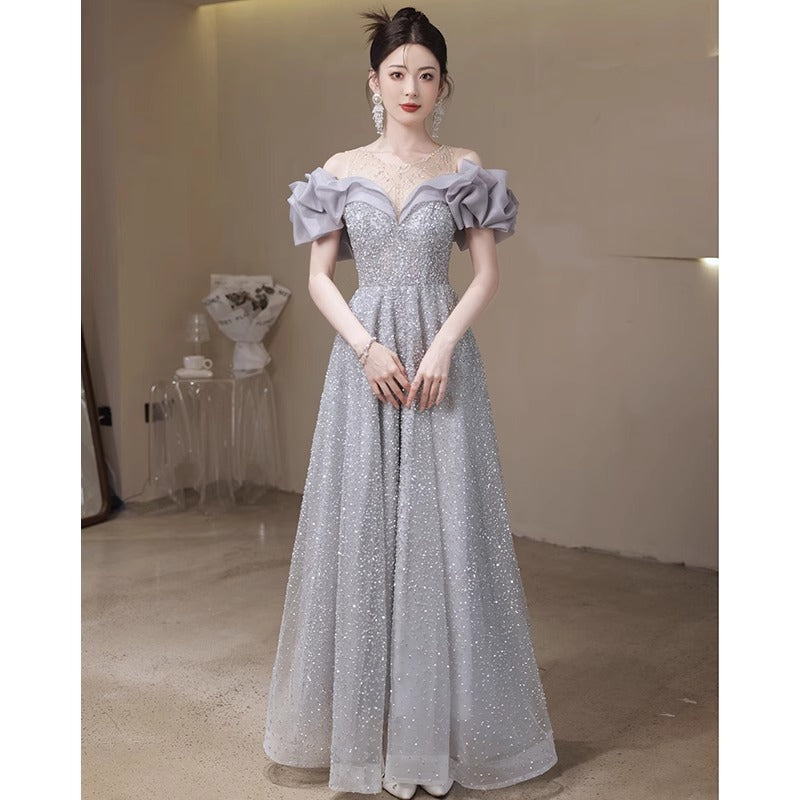 off-Shoulder Evening Dress for Women 2024 New High-End Fairy Host Dress Slim Fit Adult Ceremony Banquet Dress