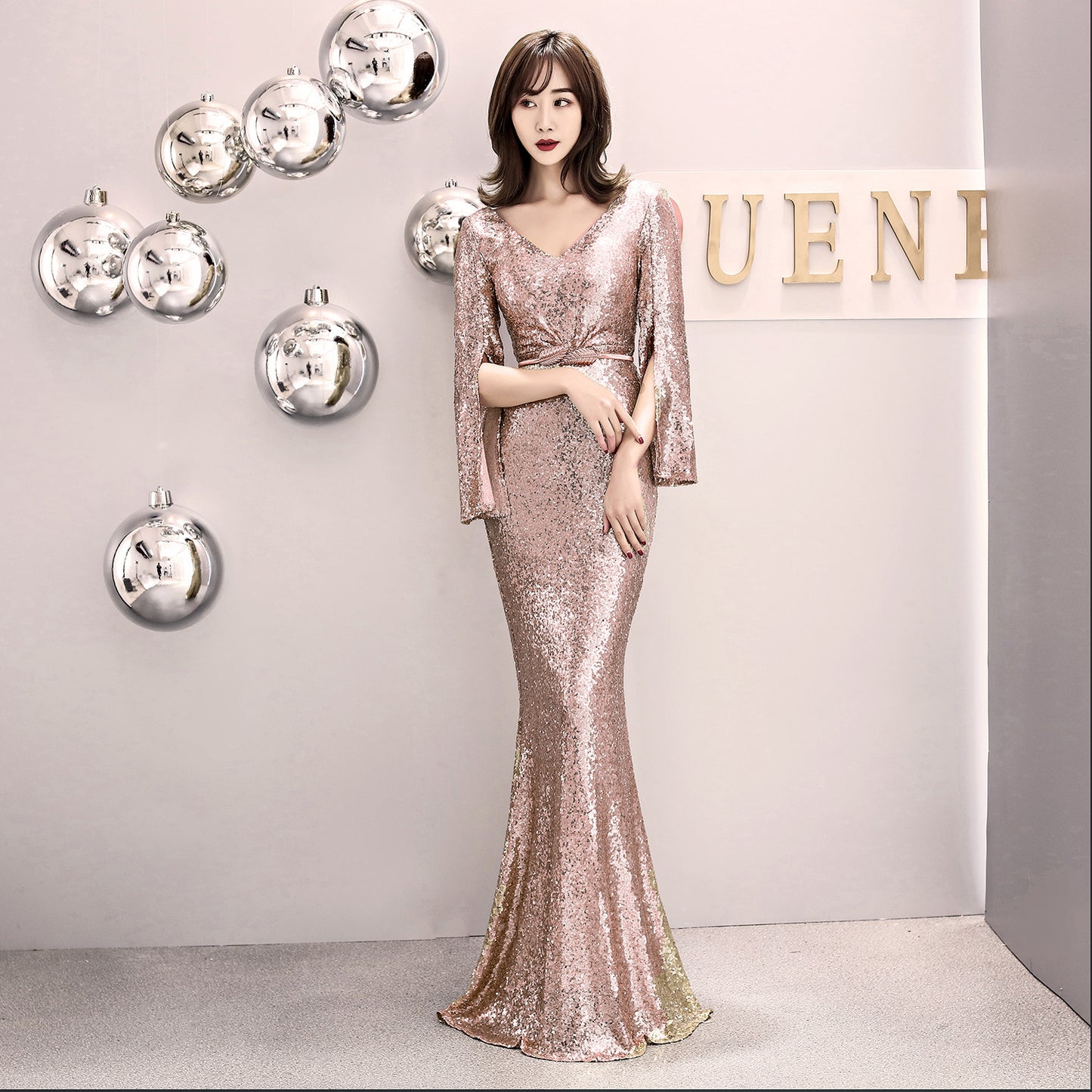 1572# Evening Gown Women's Banquet Elegant Host Sexy Slim-Fit Sequined Long Fish Tail Winter