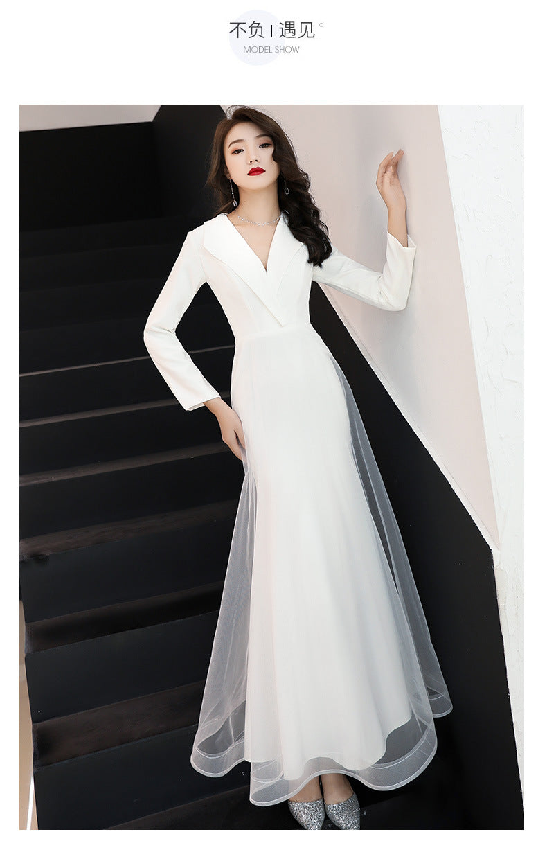 White Evening Dress Women's Long-Sleeved Annual Meeting Host Fishtail Dinner Dress 2024 New Socialite Long Temperament Slimming