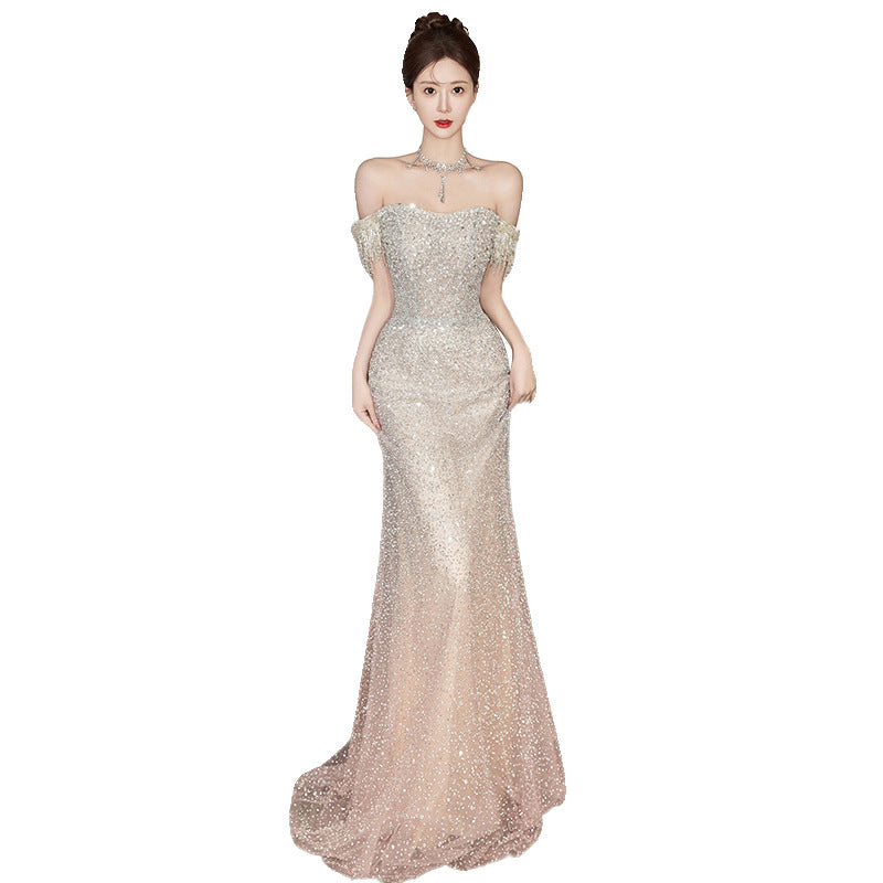 Evening Dress off Shoulder Elegant Long Light Luxury Host Fishtail Engagement Banquet Sequins Dress H2920