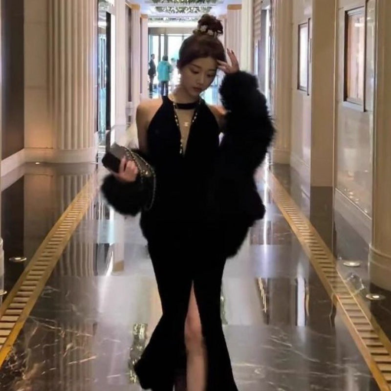 Evening Dress Light Luxury Minority High-End Temperament Socialite Hepburn Wind Black Pure Desire Split Sexy Halter Dress