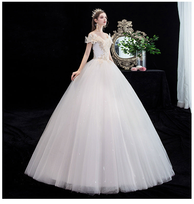 Wedding Dress Bridal New French Style Floor-Length Simple Forest Style Slimming Off-Shoulder Studio Light Wedding Dress H25