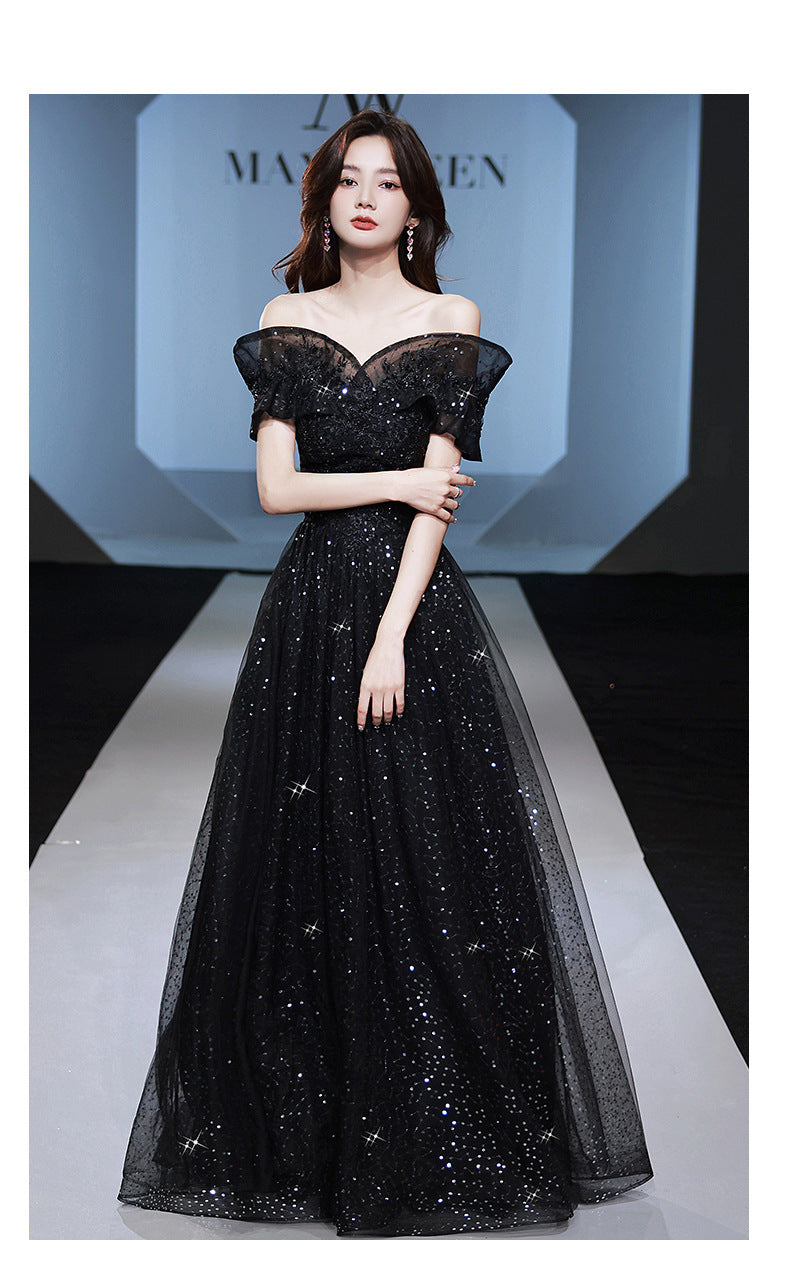 Banquet Small Evening Dress Dress Women's Sexy Charming Black Wedding Dress Birthday off-Shoulder Host Adult Ceremony