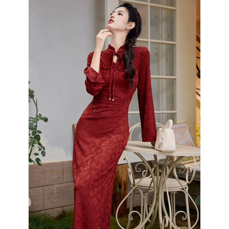 New Chinese Style Women's Long Sleeve Wine Red Dark Pattern Improved Engagement Cheongsam Family Visiting Shoes Toast Dress Wedding Dress