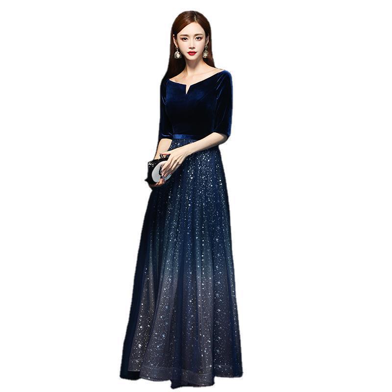 Host Evening Dress Women 2024 New Autumn off-Shoulder Banquet Queen Long Choir Costumes Women