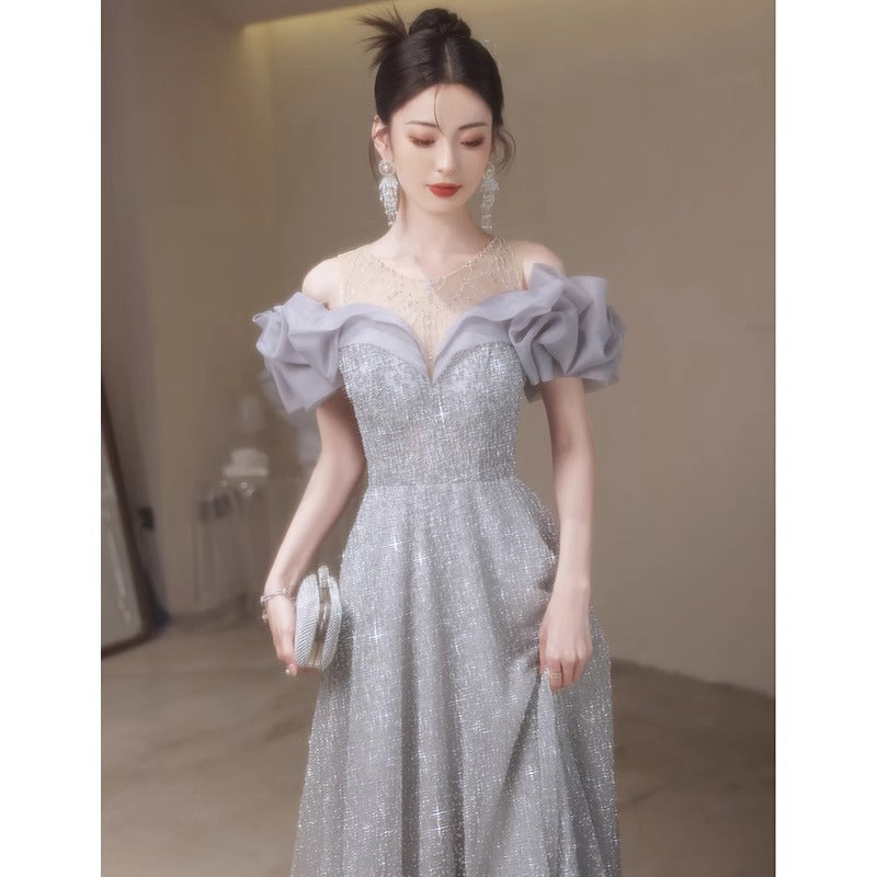 off-Shoulder Evening Dress for Women 2024 New High-End Fairy Host Dress Slim Fit Adult Ceremony Banquet Dress