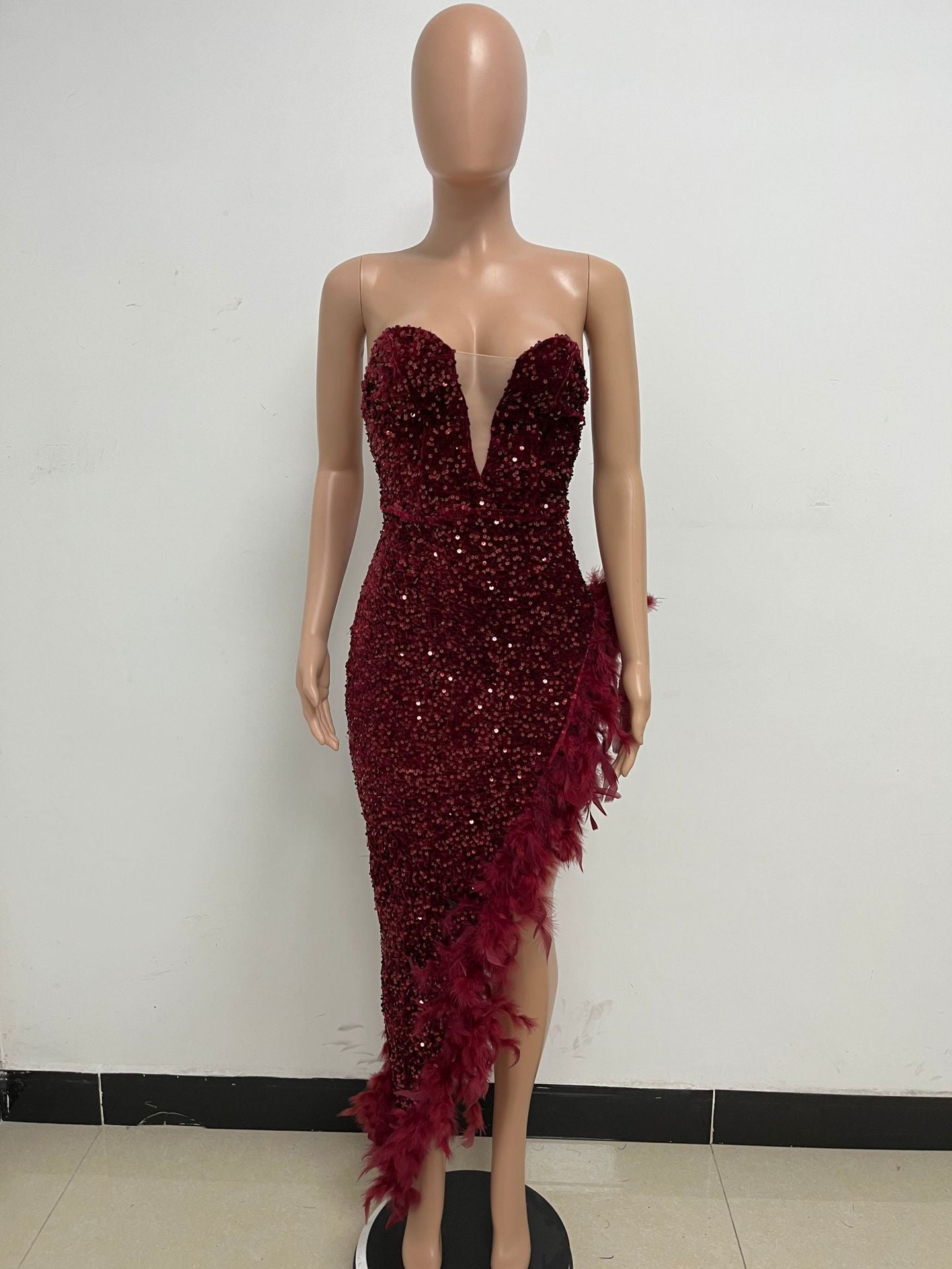 INS Europe and America Cross Border Women Wish Amazon EBay Independent Station Tube Top Backless Sequined Feather Dress Female