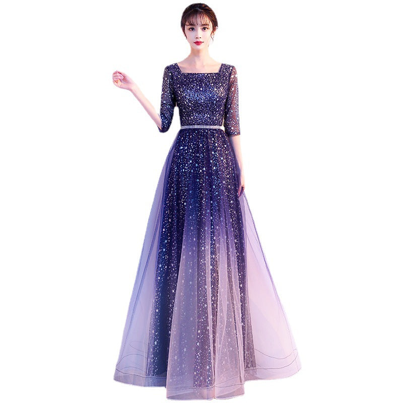 Starry Evening Dress Female Banquet Temperament Daily Style Square Collar Host Chorus Costume Summer Student