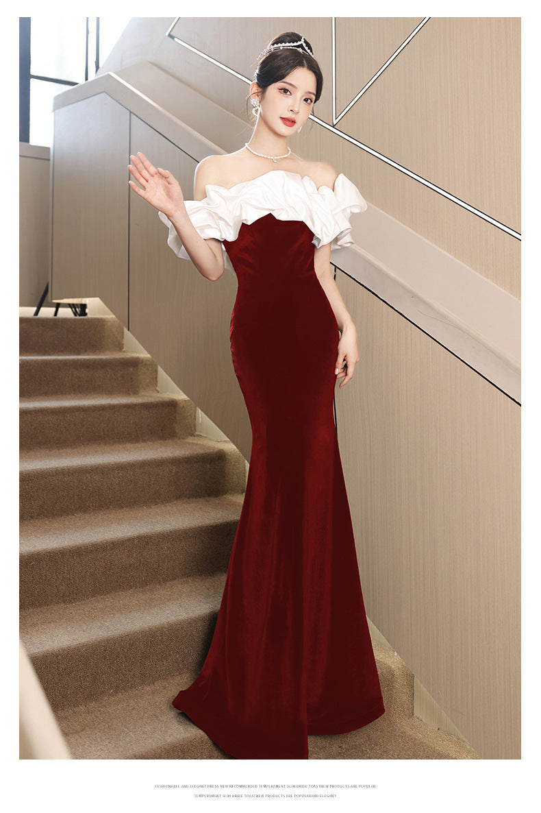 2024 New Summer Red Bardot Temperament Ladies Party Dress Host Dress Slim Fit Fishtail Dress