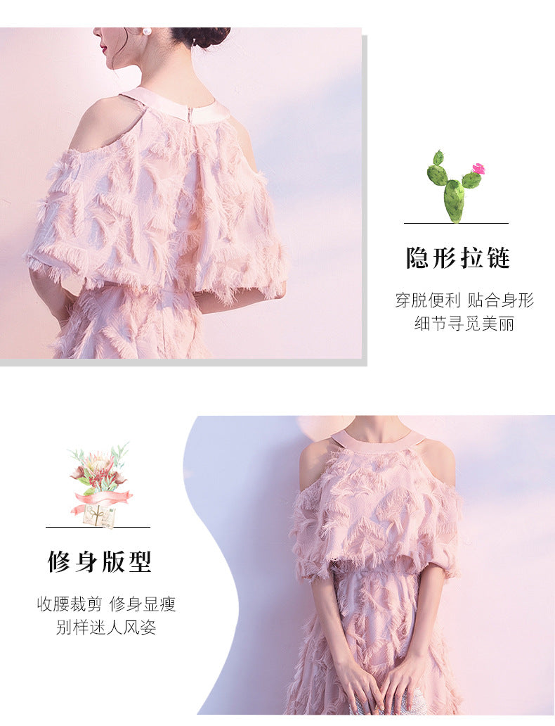 Halter Banquet Evening Dress Dress Women's 2024 Autumn New Elegant Long Slimming Solo Art Exam Pink Bridesmaid