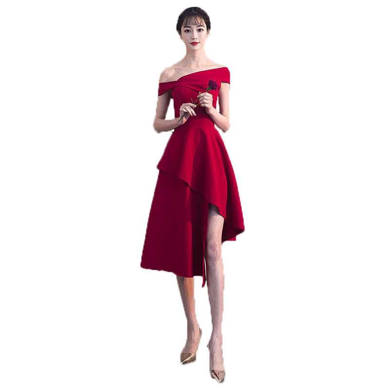 off-Shoulder Toast Dress 2023 Summer New Modern Bride Wedding Red Banquet Small Evening Dress Skirt Women's Slimming