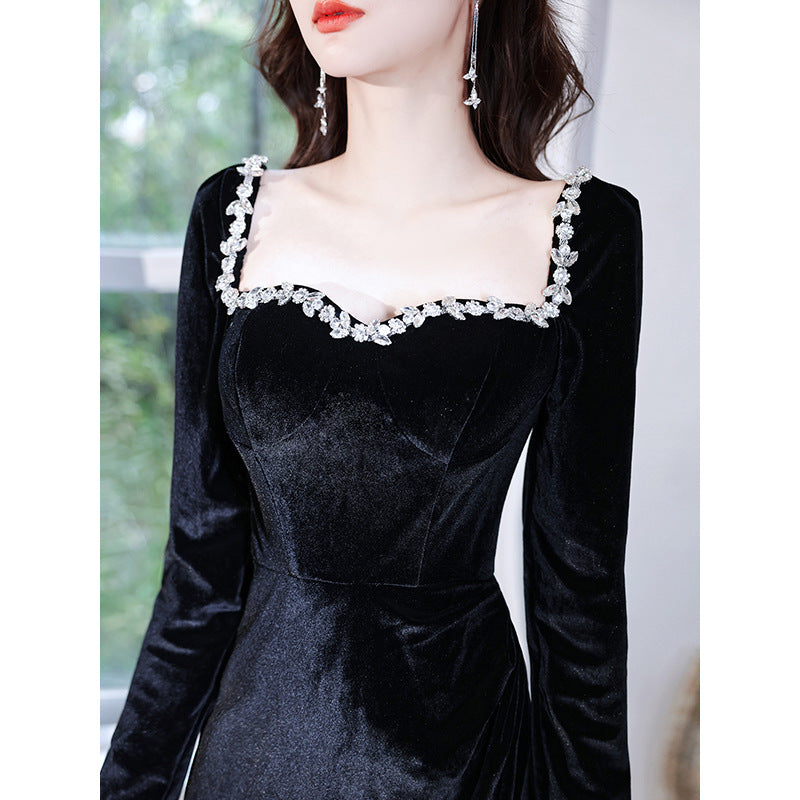 Black Evening Dress 2024 New Banquet Temperament Long Slim Fishtail Split Velvet Socialite Host's Dress