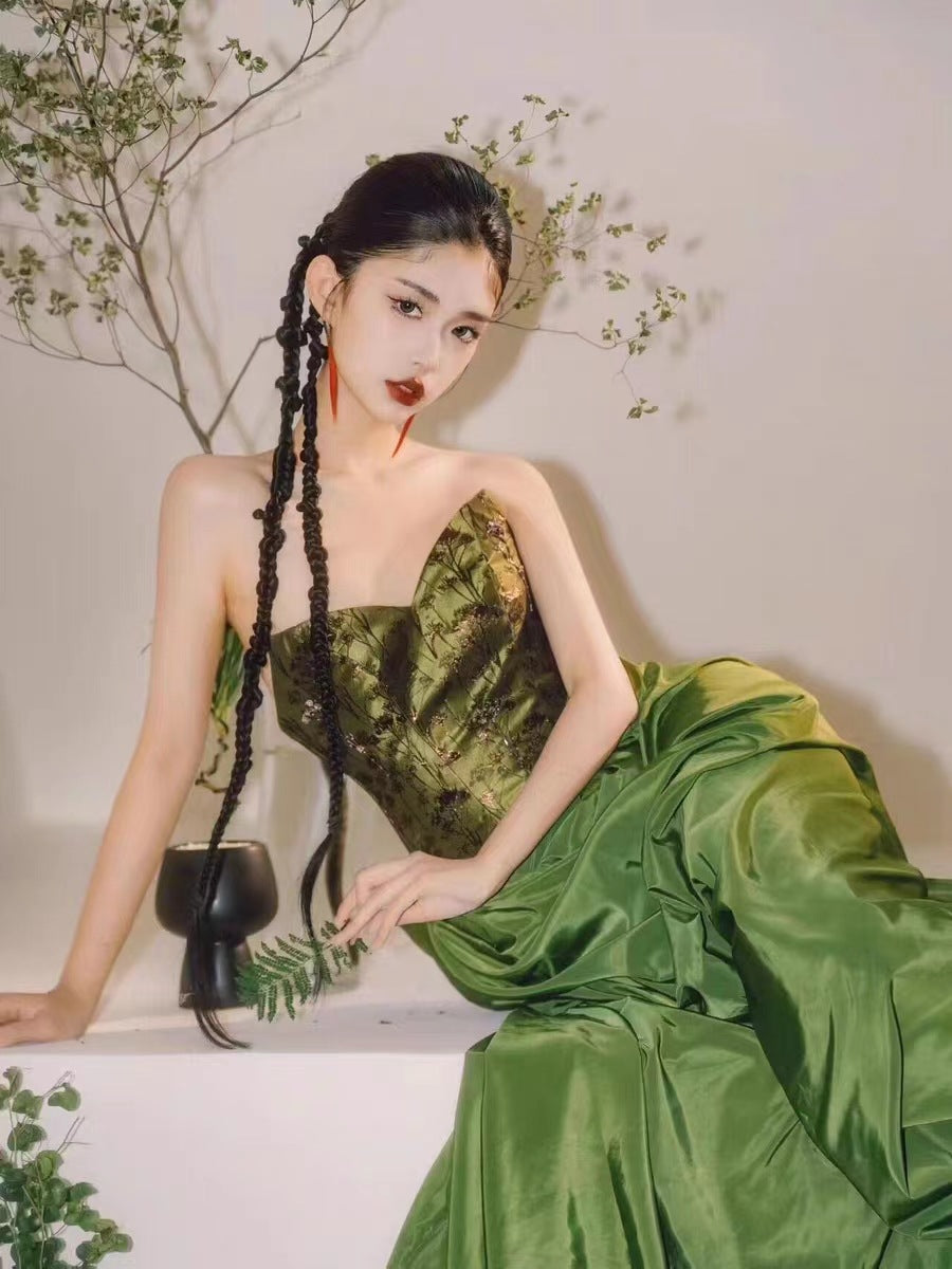 Green New Chinese Style Morning Gowns Dress Toast Dress Bride Engagement Dress Light Luxury Minority Long Tube Top Dress