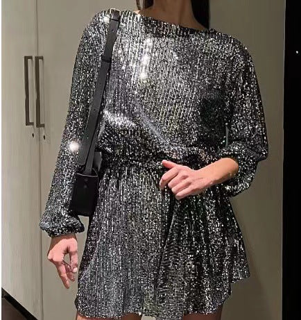 European and American Independent Station round Neck Tied Festival Party Bling Beaded Dress Elegant Sequin Formal Dress