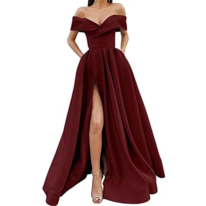 Party Dress satin black red off shoulder dinner dresses gala gown Women's European and American Style 2023 Cross-Border New Arrival Sexy Deep V Solid Color High-End Satin Banquet Evening Dress