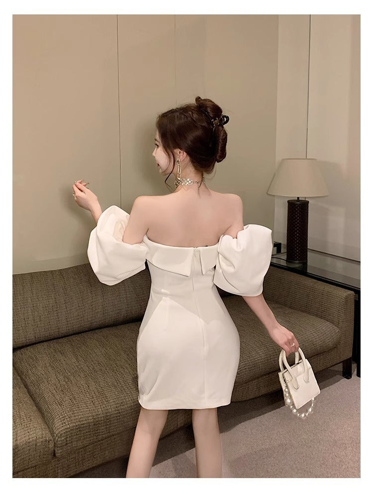 Sexy White off-Shoulder Dress Women's 2024 Spring and Summer New High-End Sense Temperament Banquet Light Dress Women's Fashion