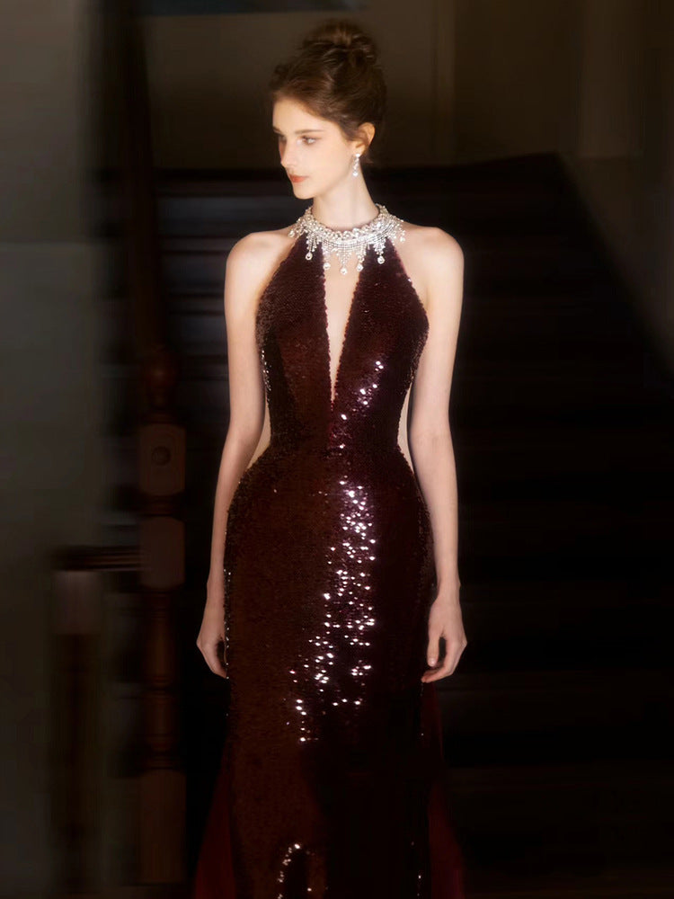 TOAST Clothing 2024 New High Sense Wine Red Bride Engagement Formal Dress Banquet Temperament Host Evening Dress Women