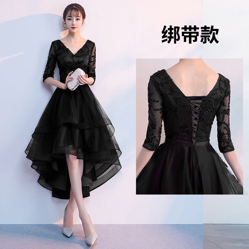 Navy Blue Evening Dress Temperament Banquet Mom Wedding Reception Clothes Front Short Back Length Dress Daily Style Autumn and Winter