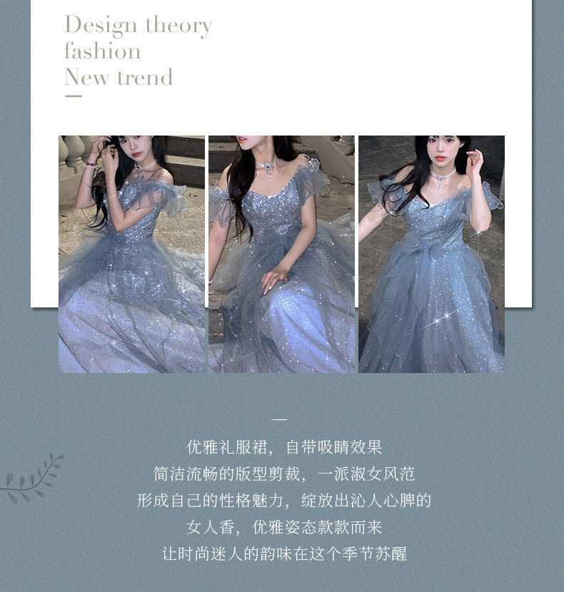 French Princess Escape Evening Dress Super Fairy Blue Student Art Exam Performance Dress off-Shoulder Temperament Bride Toast Dress
