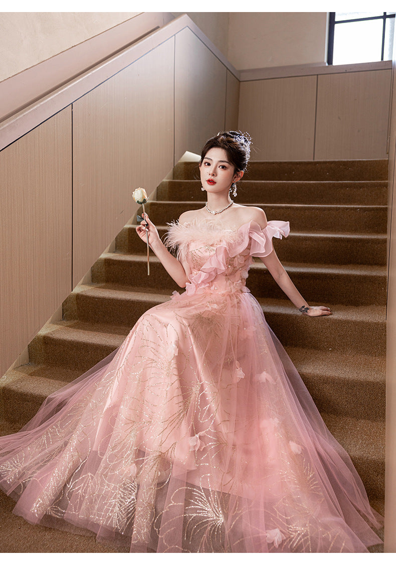 off-Shoulder Evening Dress Female Banquet Temperament Socialite High-End Affordable Luxury Niche Host Engagement High-Grade Pink