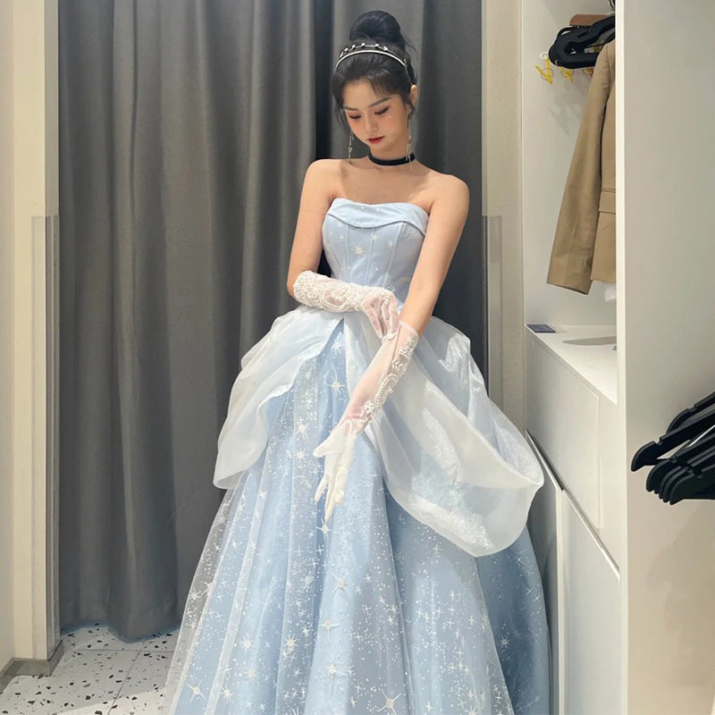 Evening Dress Women's, Blue Fairy High Sense Niche Princess Adult Ceremony Light Luxury Temperament Ladies Banquet Dress