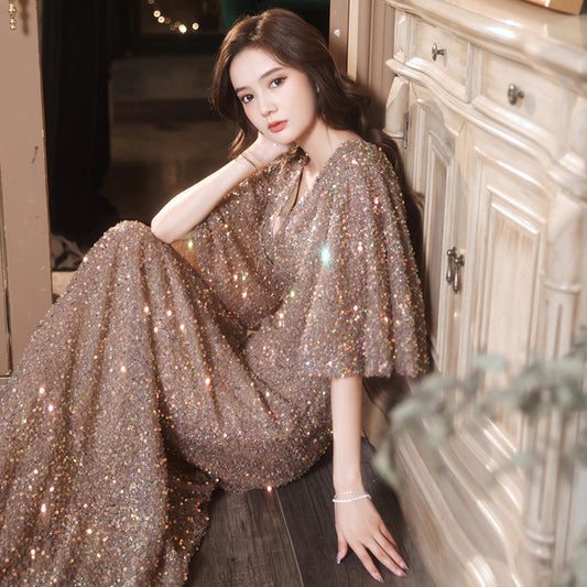 2024 New Evening Dress Annual Meeting Sequined Half Sleeve V-neck Socialite Dress Host Annual Meeting Dinner Long Dress