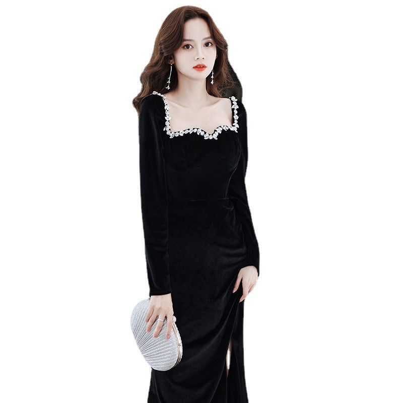 Black Evening Dress 2024 New Banquet Temperament Long Slim Fishtail Split Velvet Socialite Host's Dress