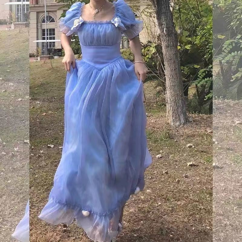 French First Love Organza Backless Lace up Blue Dress Female Tea Break Milk Fufu Escape Princess Super Fairy