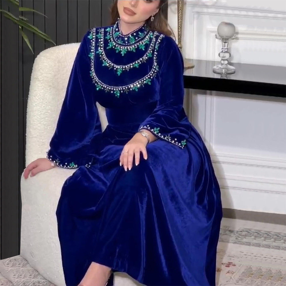 Xqy500249 Saudi Arabia Abaya Robe Velvet Zipper Green Drop-Shaped Diamond Middle East Dress