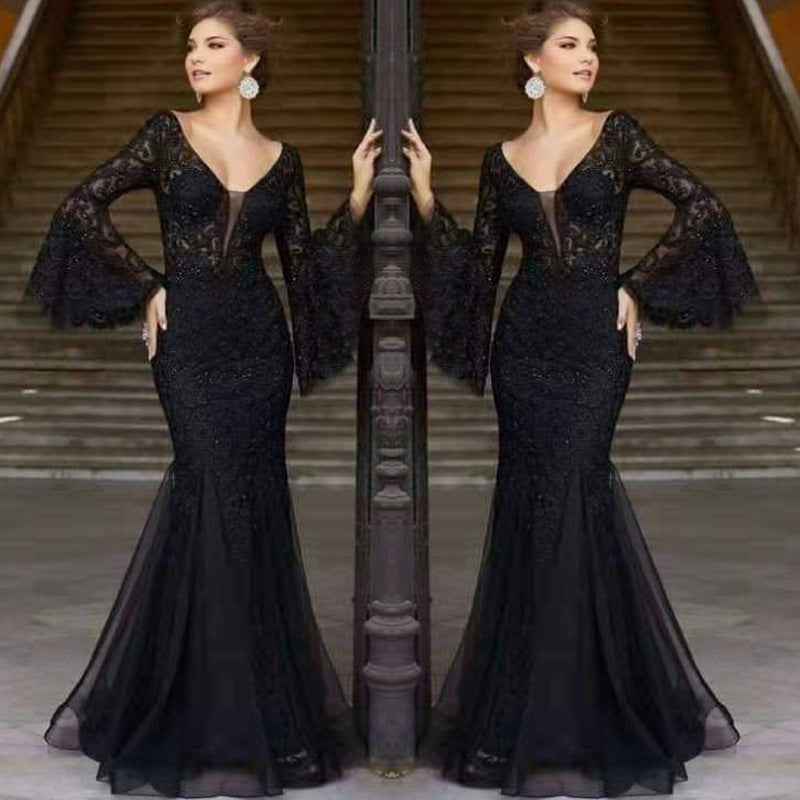 2024 Spring/Summer Cross-Border New Arrival European and American Evening Dress Noble Sexy Slim Fishtail Long Banquet Dress Dress