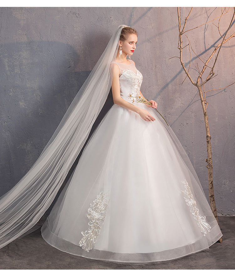 Romantic Slim-Fit Lace up Floor-Length Dress Elegant Shoulder round Neck Wedding Wedding Dress Floor-Length Wedding Dress