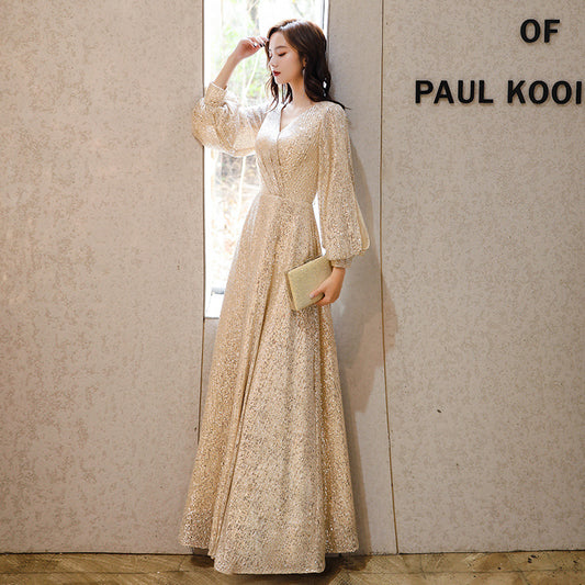 Factory Supply Evening Dress 2024 New Autumn and Winter Long Long Sleeve V-neck Sequins Champagne Annual Party Evening Dress