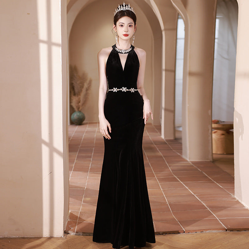 Black Halter V-neck Evening Dress Niche High-End Adult Ceremony Graduation Fishtail High-End Birthday Host Ceremony