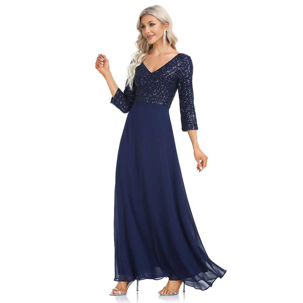 2023 Spring and Summer Women's Chiffon Bridesmaid Dress Double V-neck Dress 3/4 Sleeve A- line Large Hem Sequin Stitching Evening Dress