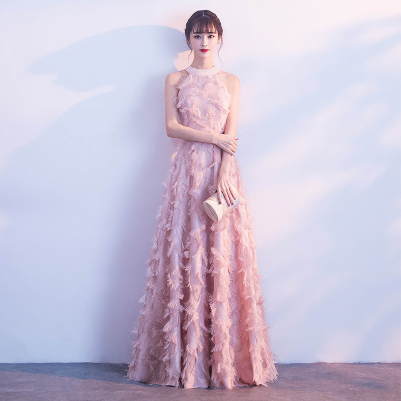 Halter Banquet Evening Dress Dress Women's 2024 Autumn New Elegant Long Slimming Solo Art Exam Pink Bridesmaid
