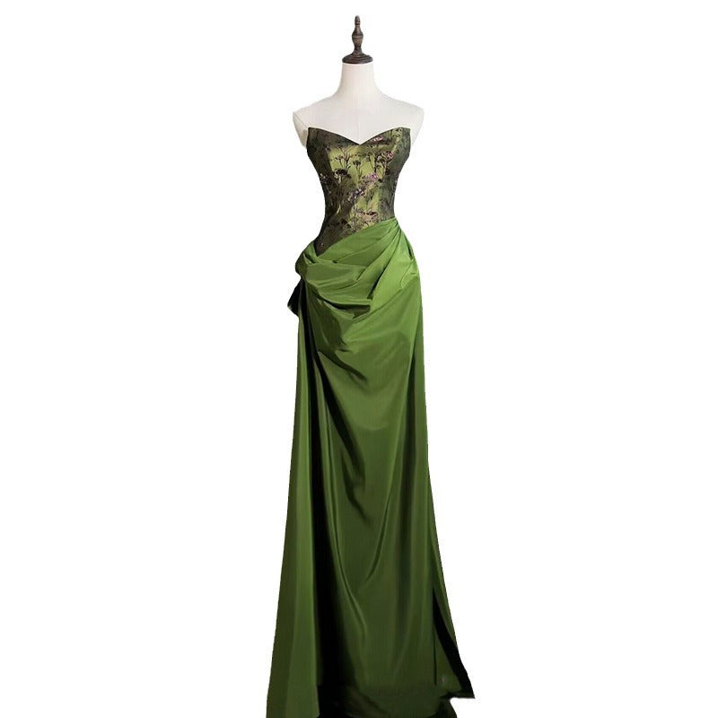 Green New Chinese Style Morning Gowns Dress Toast Dress Bride Engagement Dress Light Luxury Minority Long Tube Top Dress