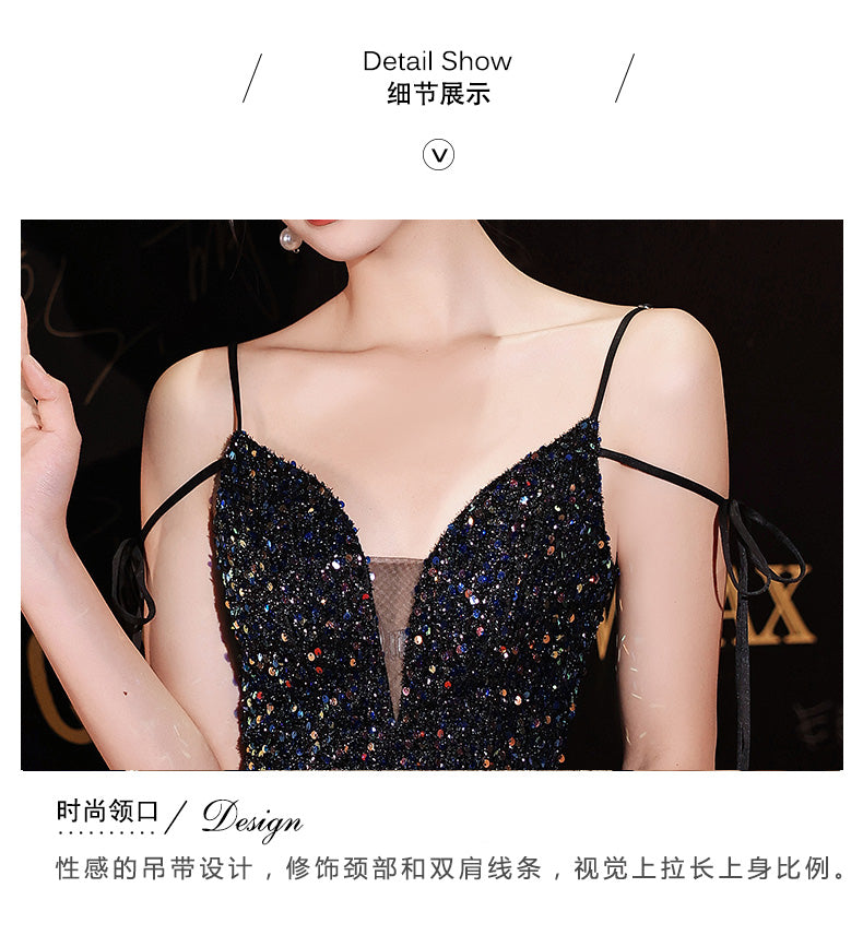 Women's Black Evening Dress New 2024 Design High-End Light Luxury Minority Suspenders Annual Party Dress