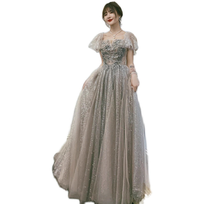 Gray Evening Dress for Women 2024 New High-End Banquet Fairy Temperament Birthday Vocal Music Art Test Dress Light Luxury Minority