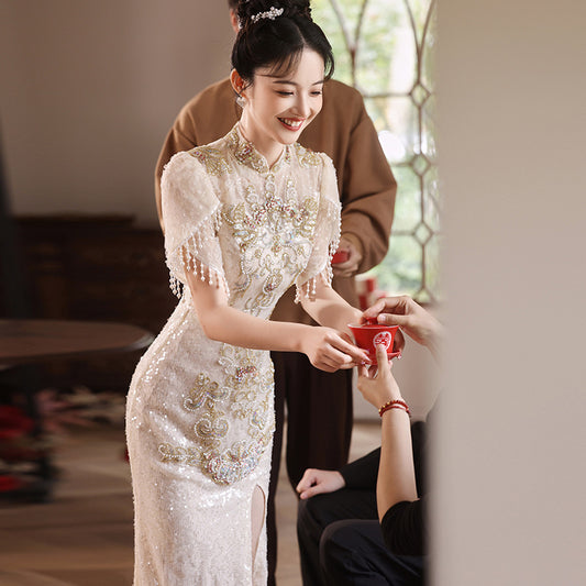 New Chinese Evening Dress Light Luxury High-End Toast Dress Bride Bride Outfit Champagne Cheongsam Engagement Dress Spring