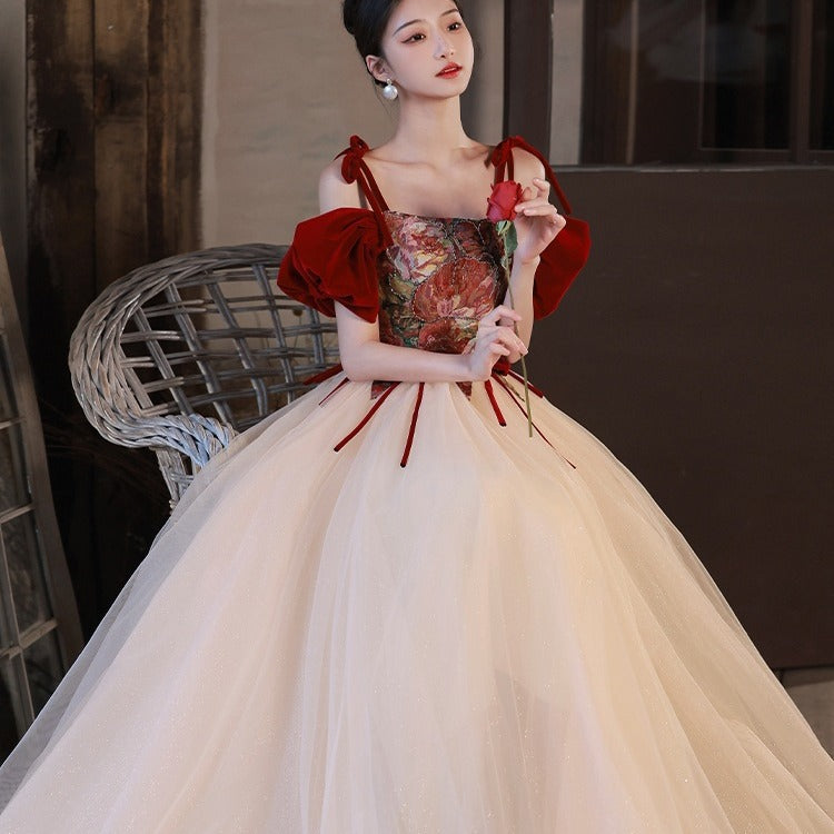 Ball gown Bridal High-End off-Shoulder Red Evening Dress for Court Banquet Engagement Princess Pettiskirt H909P02