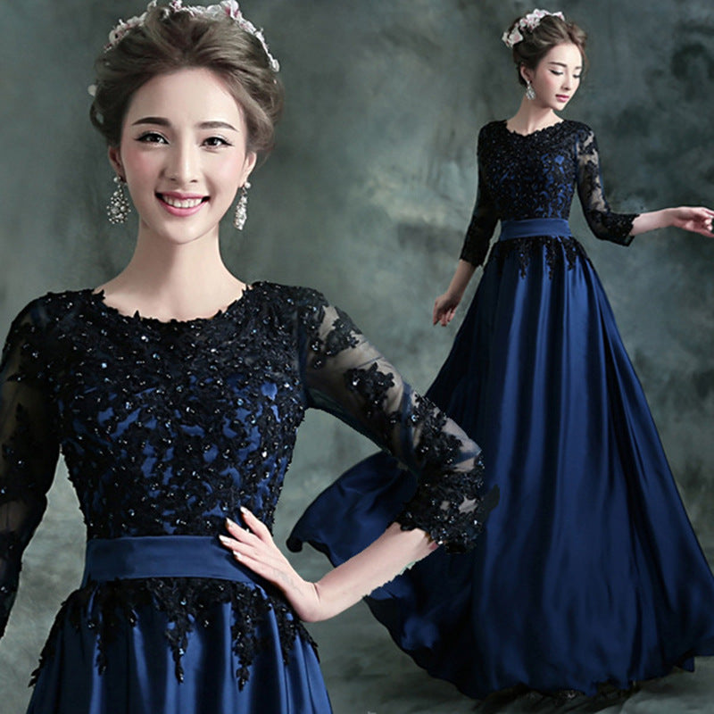 Blue and Black Mid-Length Long-Sleeved Bridal Wedding Dress 2024 New Autumn and Winter Banquet Annual Meeting Performance Host Long Evening Dress