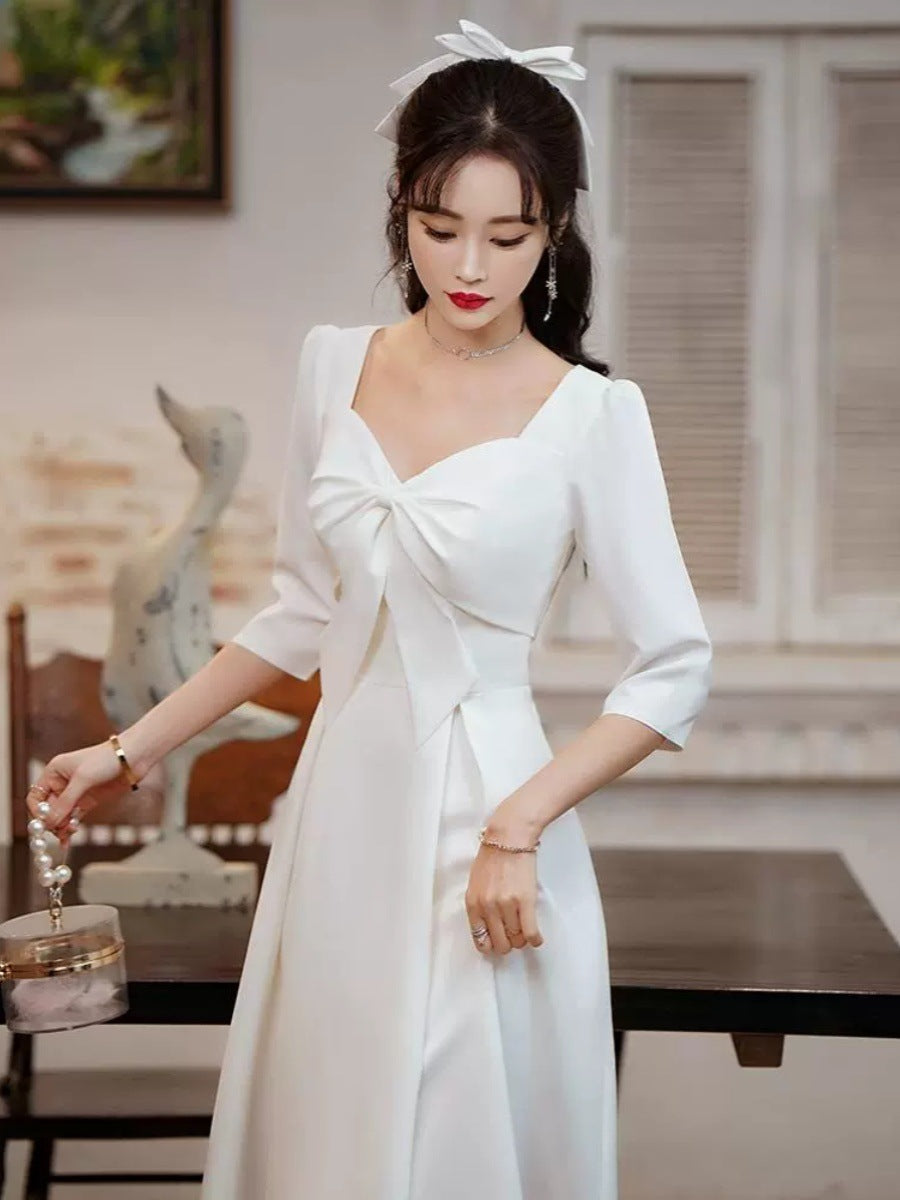 Evening Dresses Party Gown Ball Dinner Dress White Long Sleeve Flower Bowket Cocktail H263